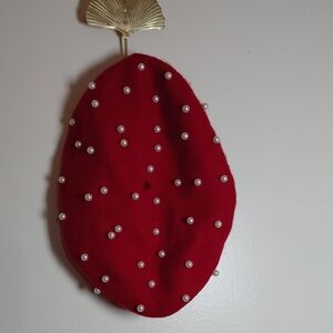 Elegant Red Beret with Pearl Accents
